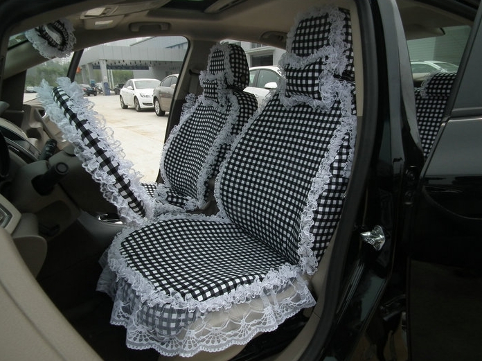 Funky Bud Silk Woman Square Grid Girls Lace Cotton Custom Automobile Car Seat Cover Set - Black White