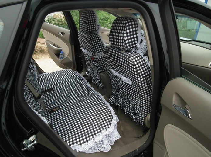 Funky Bud Silk Woman Square Grid Girls Lace Cotton Custom Automobile Car Seat Cover Set - Black White