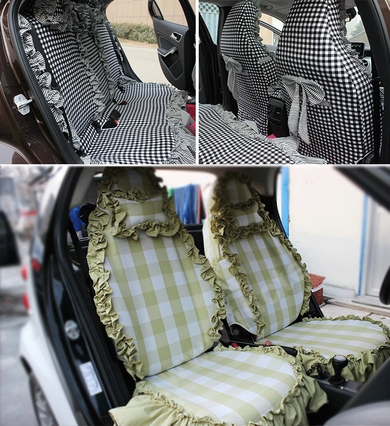 Funky Bud Silk Woman Square Grid Girls Lace Cotton Custom Automobile Car Seat Cover Set - White Floral