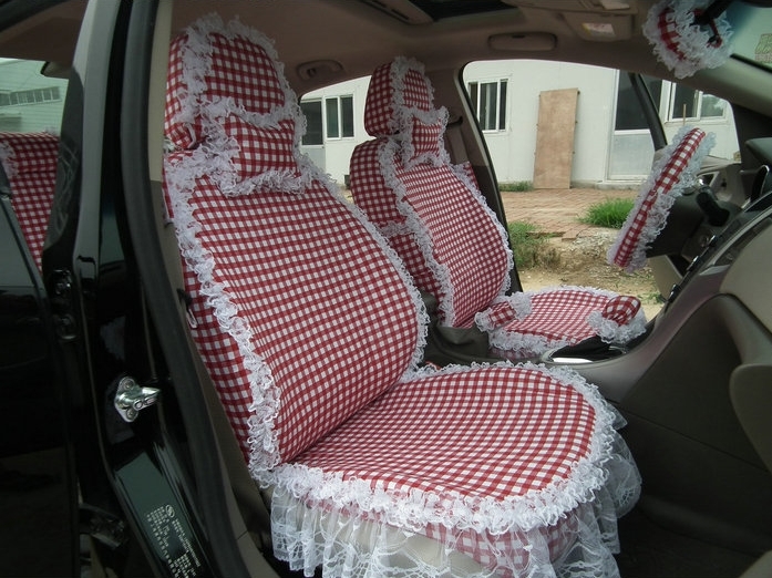 Funky Bud Silk Woman Square Grid Girls Lace Cotton Custom Automobile Car Seat Cover Set - Red White