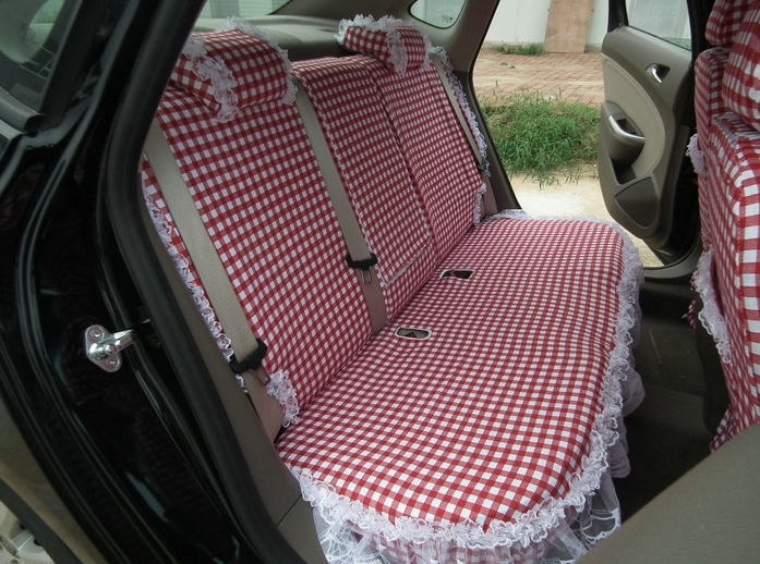 Funky Bud Silk Woman Square Grid Girls Lace Cotton Custom Automobile Car Seat Cover Set - Red White