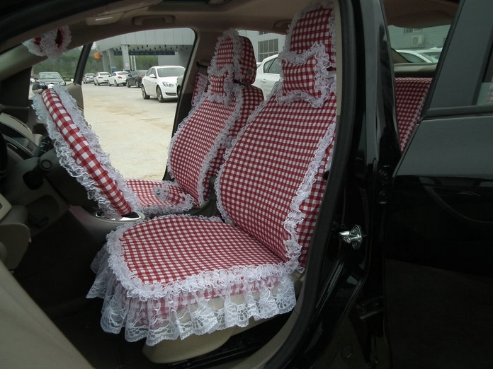 Funky Bud Silk Woman Square Grid Girls Lace Cotton Custom Automobile Car Seat Cover Set - Red White