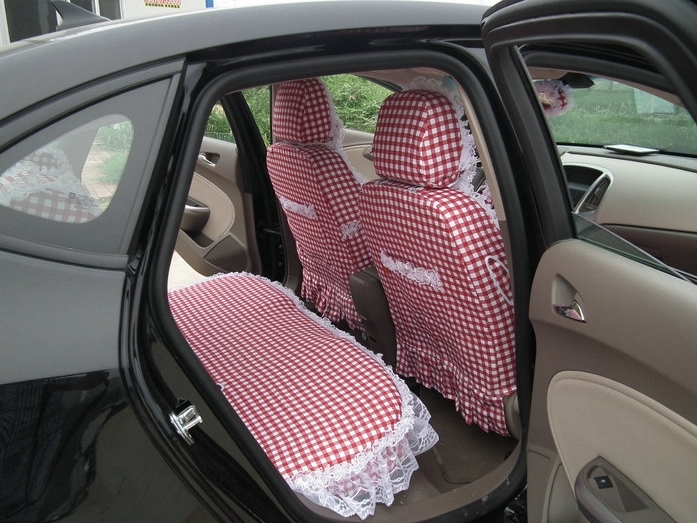 Funky Bud Silk Woman Square Grid Girls Lace Cotton Custom Automobile Car Seat Cover Set - Red