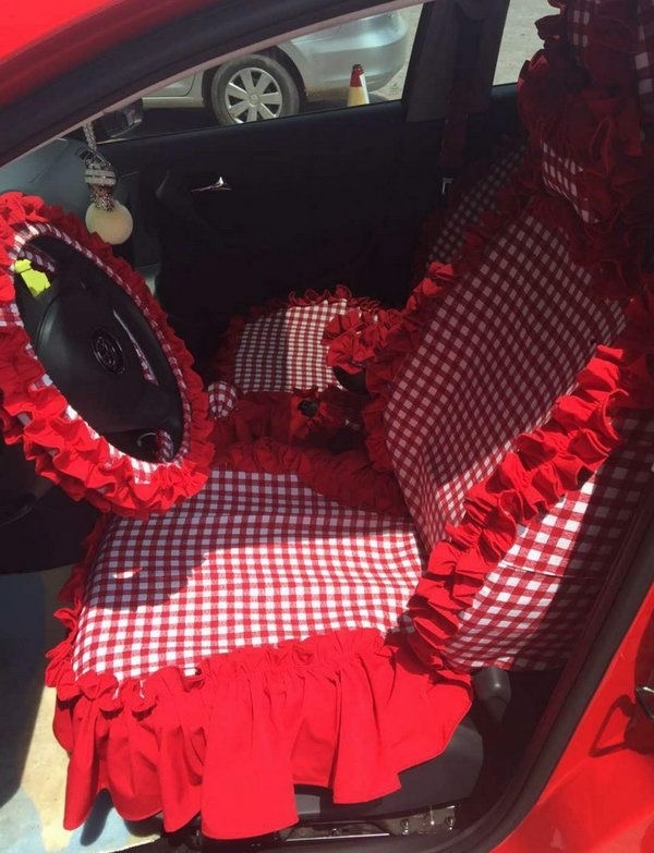 Funky Bud Silk Woman Square Grid Girls Lace Cotton Custom Automobile Car Seat Cover Set - Red