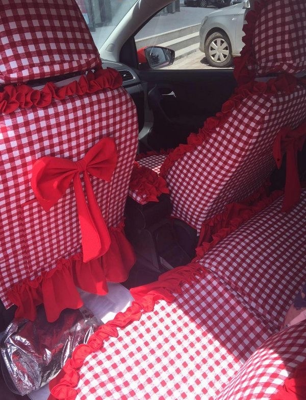 Funky Bud Silk Woman Square Grid Girls Lace Cotton Custom Automobile Car Seat Cover Set - Red