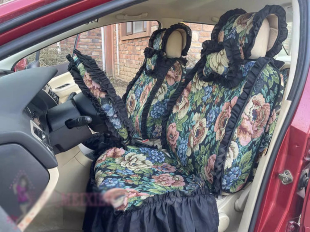 Luxury Jacquard Girly Bud Silk Seat Cushion Floral Safest Lace Countryside Custom Automobile Car Seat Cover Sets - Black Green