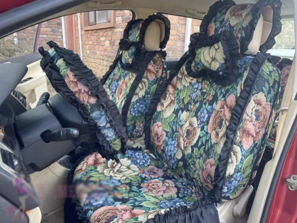 Luxury Jacquard Girly Bud Silk Seat Cushion Floral Safest Lace Countryside Custom Automobile Car Seat Cover Sets - Black Green