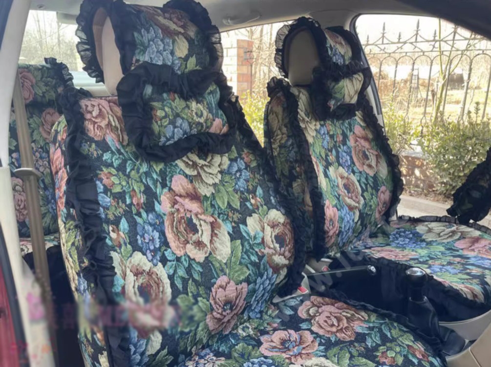 Luxury Jacquard Girly Bud Silk Seat Cushion Floral Safest Lace Countryside Custom Automobile Car Seat Cover Sets - Black Green