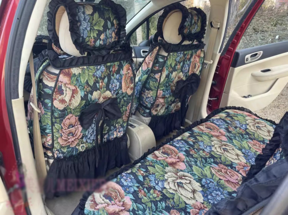 Luxury Jacquard Girly Bud Silk Seat Cushion Floral Safest Lace Countryside Custom Automobile Car Seat Cover Sets - Black Green