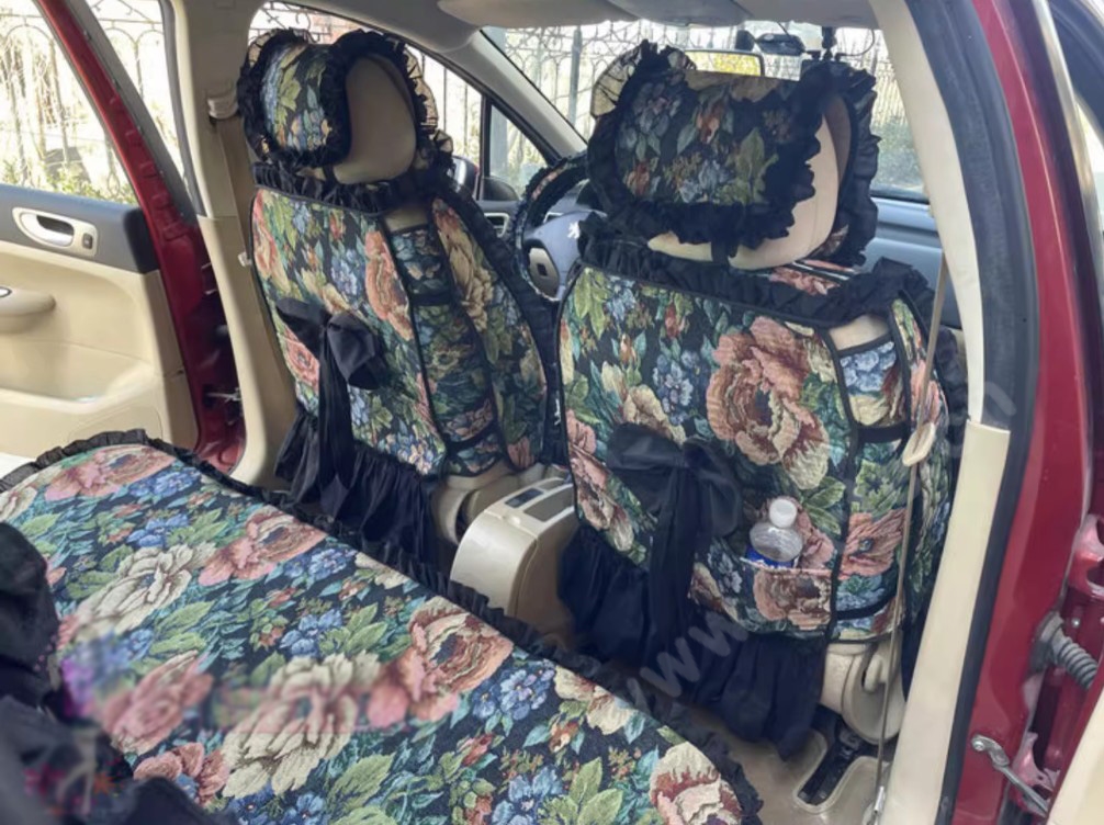Luxury Jacquard Girly Bud Silk Seat Cushion Floral Safest Lace Countryside Custom Automobile Car Seat Cover Sets - Black Green