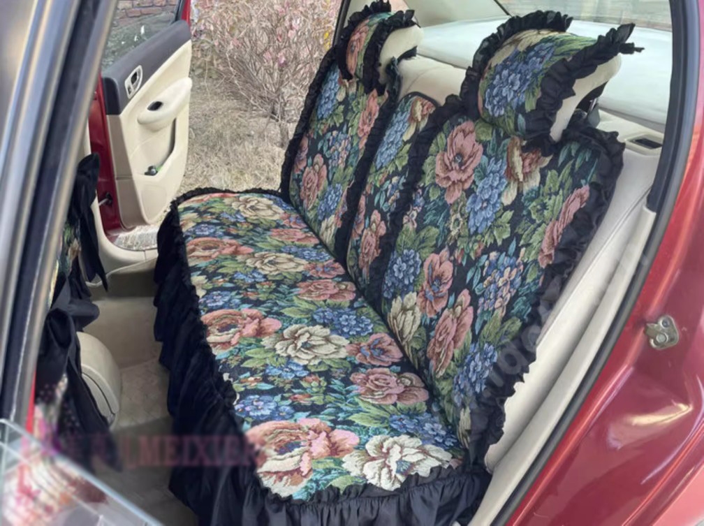 Luxury Jacquard Girly Bud Silk Seat Cushion Floral Safest Lace Countryside Custom Automobile Car Seat Cover Sets - Black Green