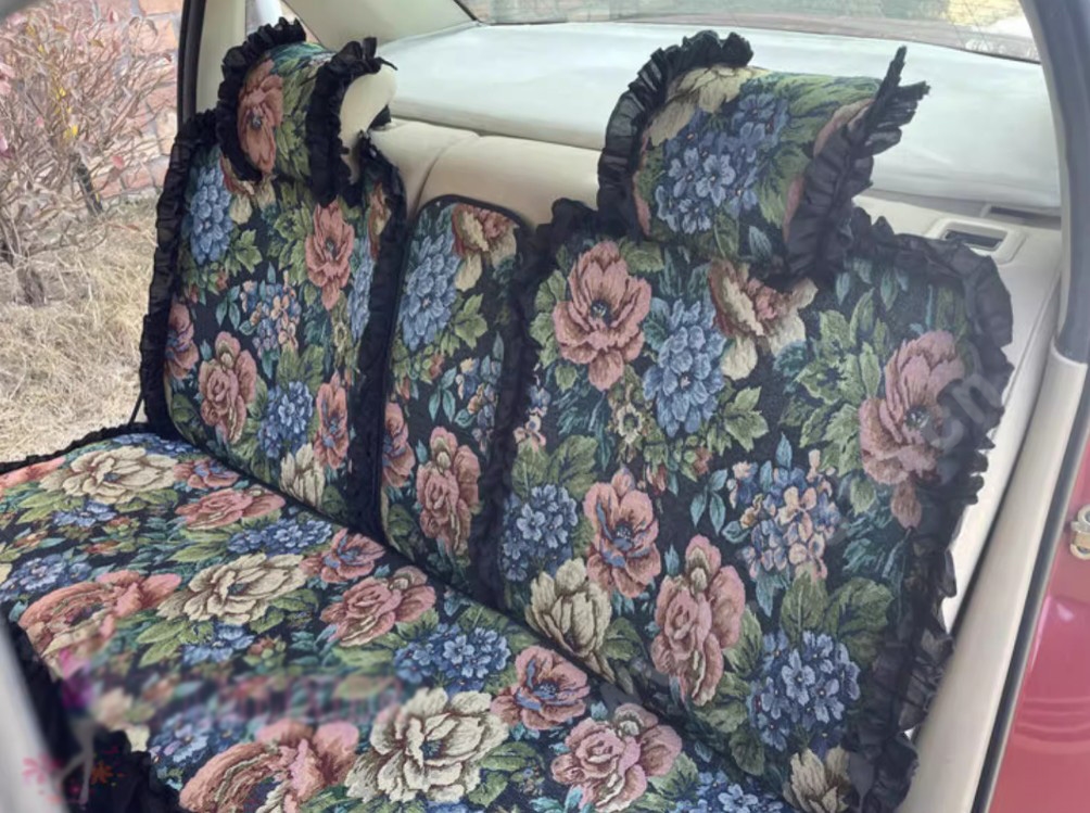 Luxury Jacquard Girly Bud Silk Seat Cushion Floral Safest Lace Countryside Custom Automobile Car Seat Cover Sets - Black Green