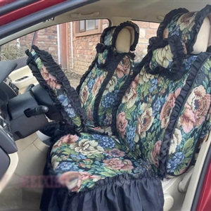 Luxury Jacquard Girly Bud Silk Seat Cushion Floral Safest Lace Countryside Custom Automobile Car Seat Cover Sets - Black Green