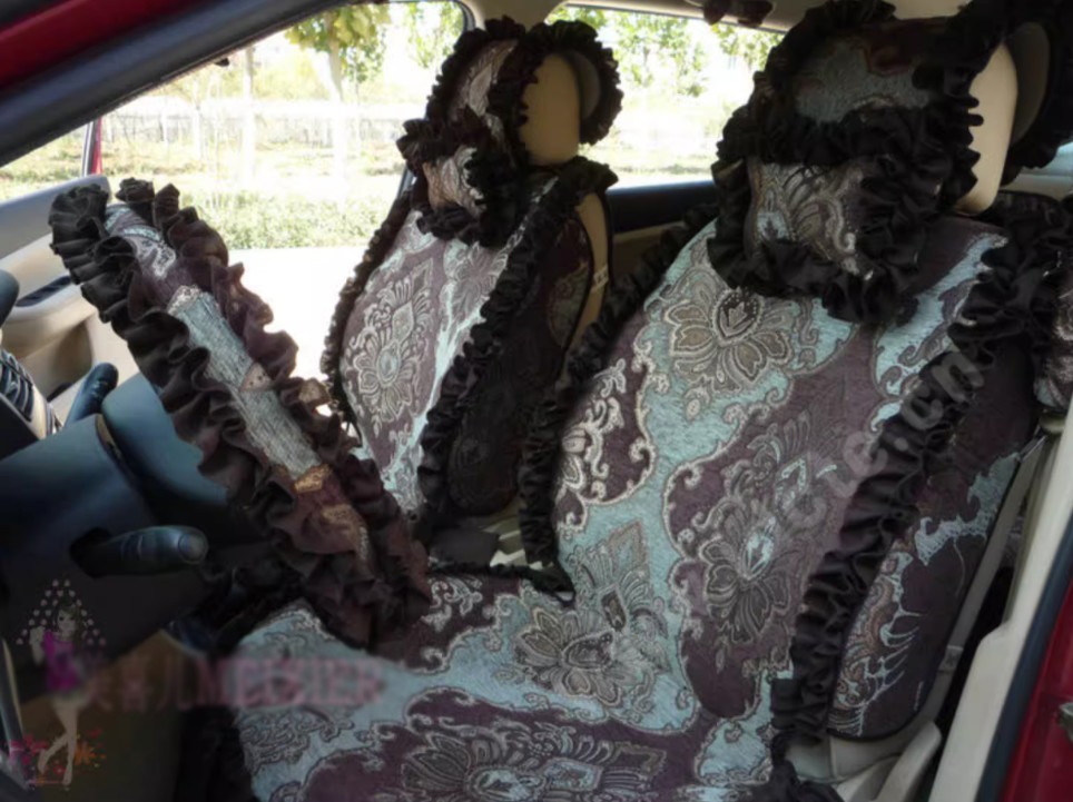 Luxury Jacquard Girly Bud Silk Seat Cushion Floral Safest Lace Countryside Custom Automobile Car Seat Cover Sets - Black