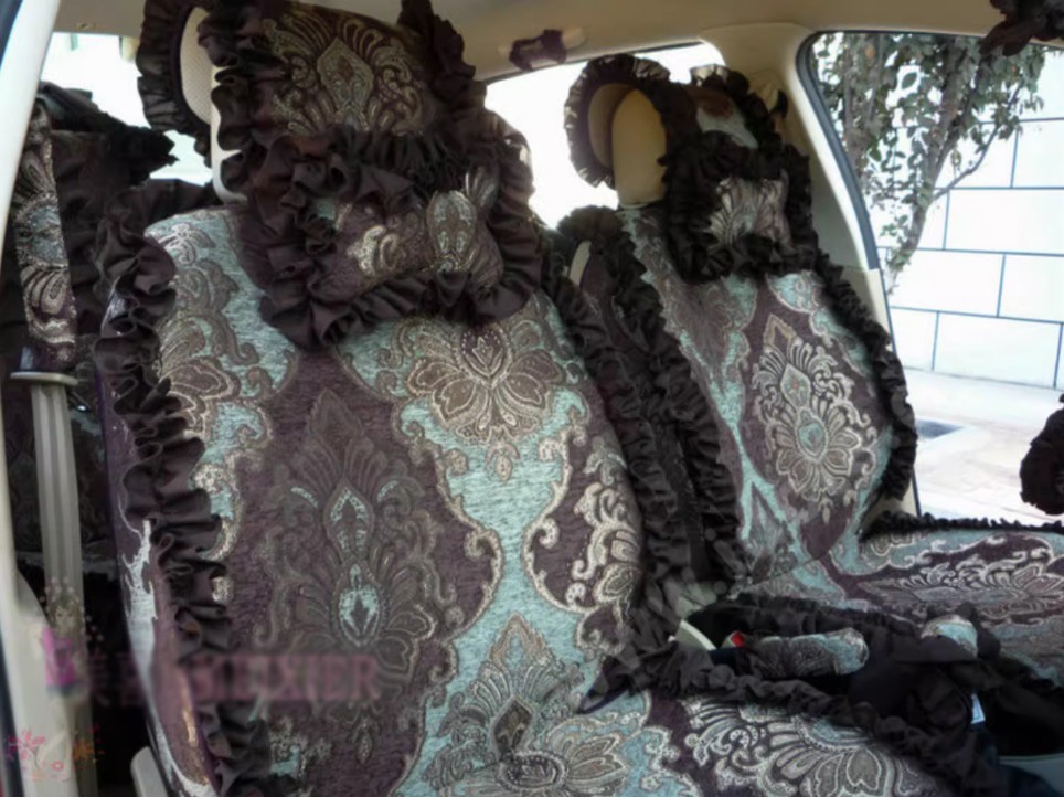 Luxury Jacquard Girly Bud Silk Seat Cushion Floral Safest Lace Countryside Custom Automobile Car Seat Cover Sets - Black