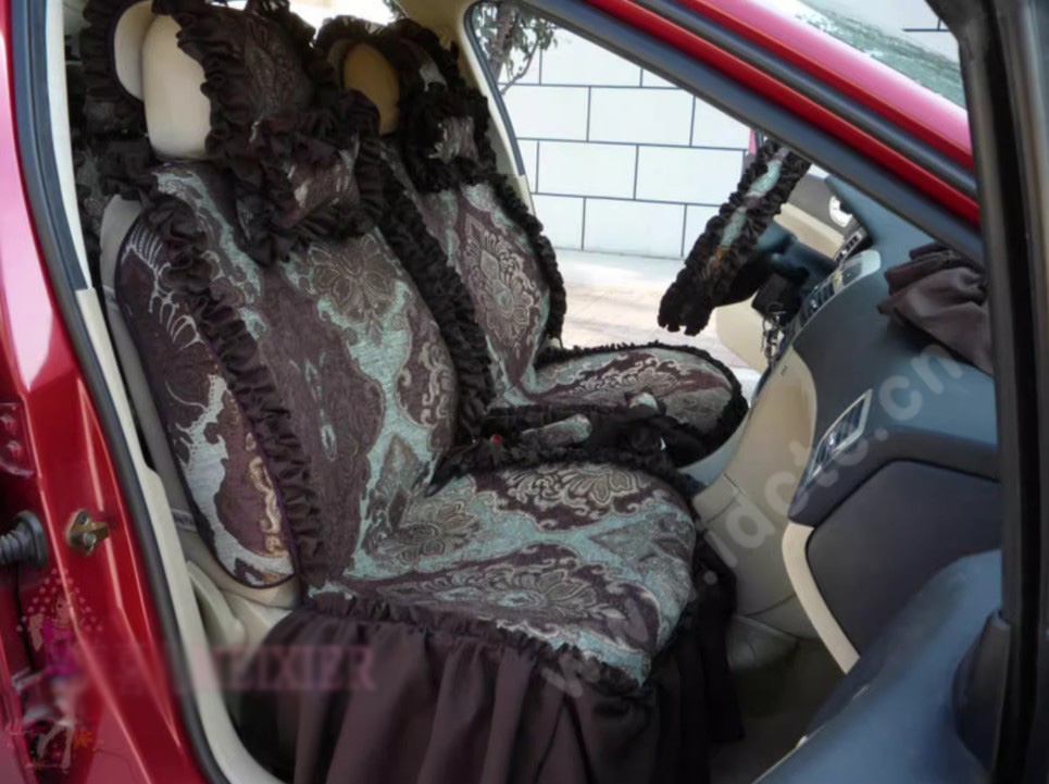 Luxury Jacquard Girly Bud Silk Seat Cushion Floral Safest Lace Countryside Custom Automobile Car Seat Cover Sets - Black