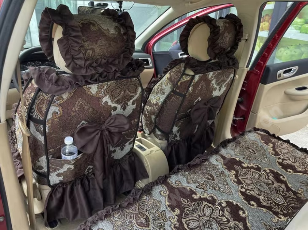 Luxury Jacquard Girly Bud Silk Seat Cushion Floral Safest Lace Countryside Custom Automobile Car Seat Cover Sets - Black