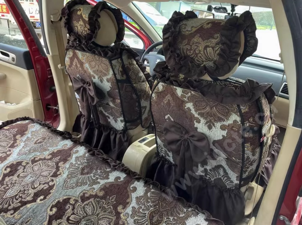 Luxury Jacquard Girly Bud Silk Seat Cushion Floral Safest Lace Countryside Custom Automobile Car Seat Cover Sets - Black