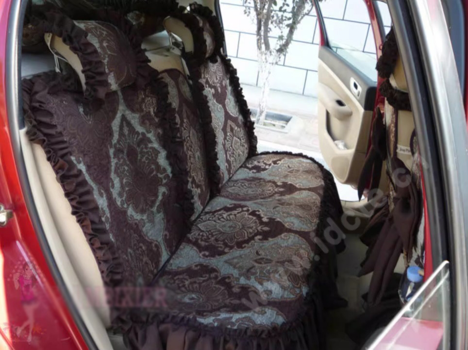 Luxury Jacquard Girly Bud Silk Seat Cushion Floral Safest Lace Countryside Custom Automobile Car Seat Cover Sets - Black