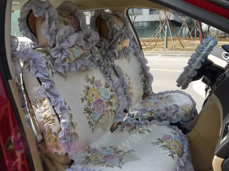 Luxury Jacquard Girly Bud Silk Seat Cushion Floral Safest Lace Countryside Custom Automobile Car Seat Cover Sets - Blue White