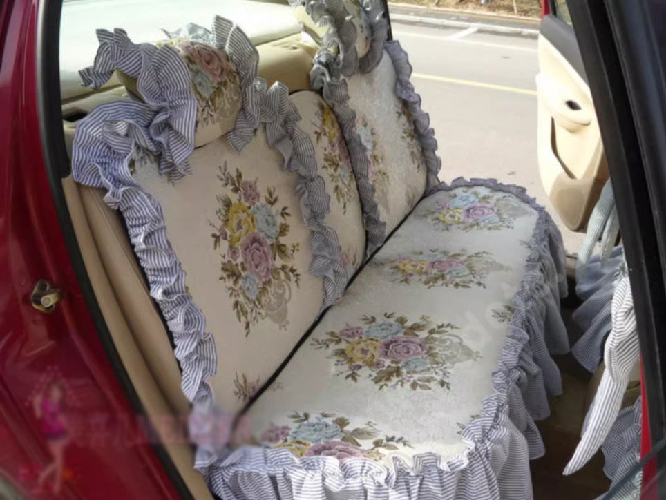 Luxury Jacquard Girly Bud Silk Seat Cushion Floral Safest Lace Countryside Custom Automobile Car Seat Cover Sets - Blue White