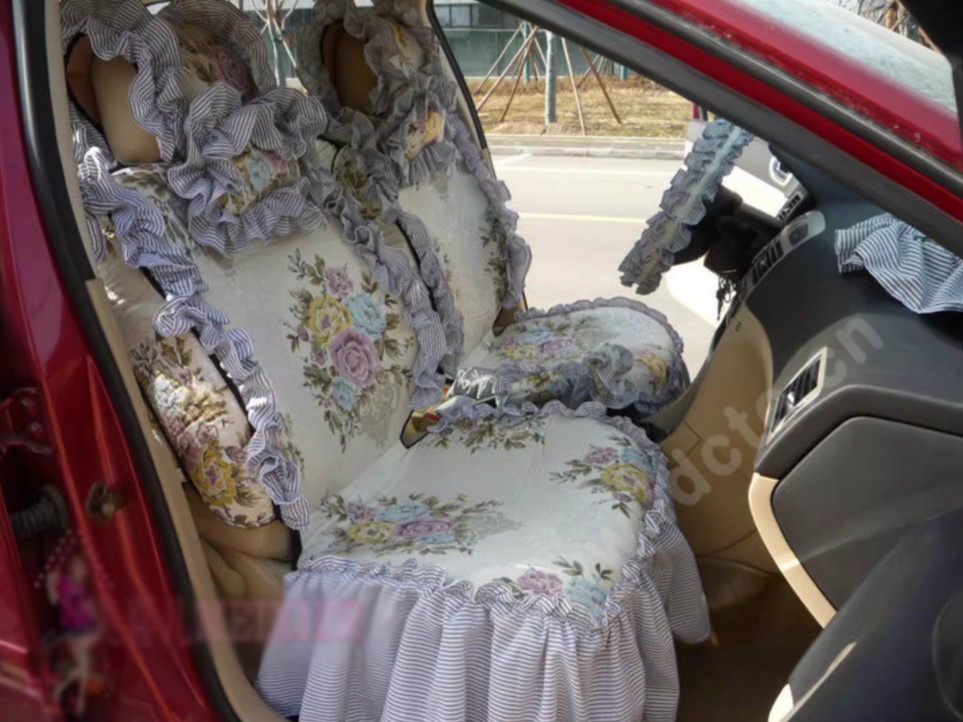 Luxury Jacquard Girly Bud Silk Seat Cushion Floral Safest Lace Countryside Custom Automobile Car Seat Cover Sets - Blue White