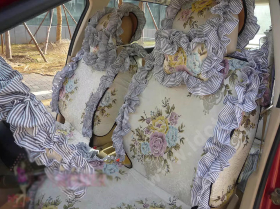 Luxury Jacquard Girly Bud Silk Seat Cushion Floral Safest Lace Countryside Custom Automobile Car Seat Cover Sets - Blue White