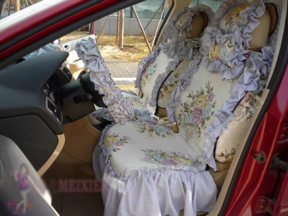 Luxury Jacquard Girly Bud Silk Seat Cushion Floral Safest Lace Countryside Custom Automobile Car Seat Cover Sets - Blue White