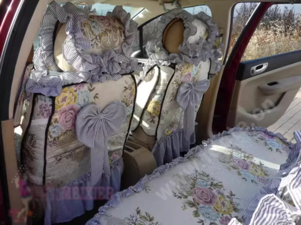 Luxury Jacquard Girly Bud Silk Seat Cushion Floral Safest Lace Countryside Custom Automobile Car Seat Cover Sets - Blue White