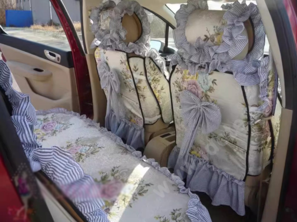 Luxury Jacquard Girly Bud Silk Seat Cushion Floral Safest Lace Countryside Custom Automobile Car Seat Cover Sets - Blue White