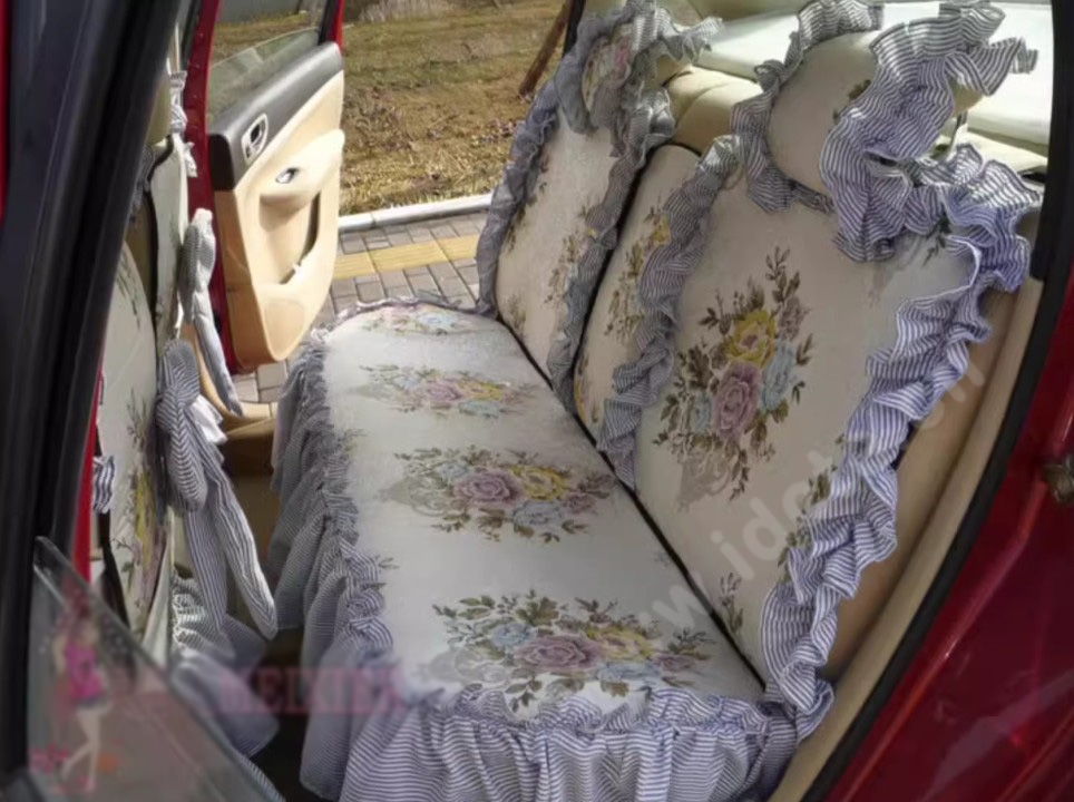 Luxury Jacquard Girly Bud Silk Seat Cushion Floral Safest Lace Countryside Custom Automobile Car Seat Cover Sets - Blue White