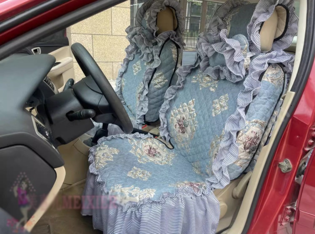 Luxury Jacquard Girly Bud Silk Seat Cushion Floral Safest Lace Countryside Custom Automobile Car Seat Cover Sets - Blue