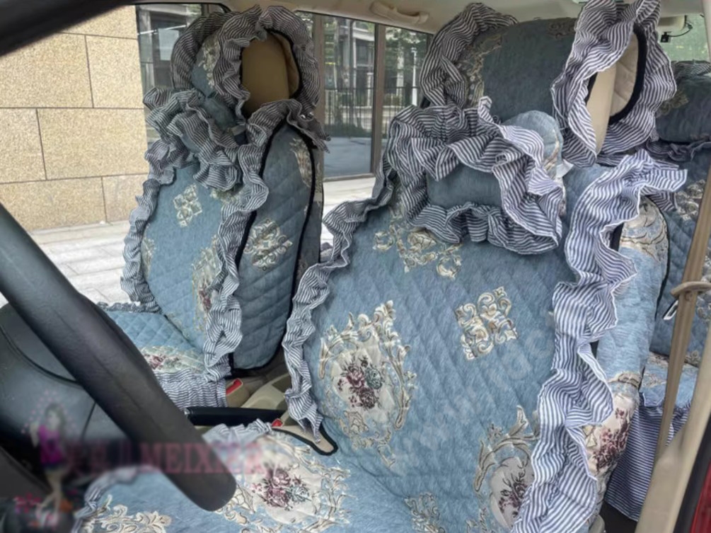 Luxury Jacquard Girly Bud Silk Seat Cushion Floral Safest Lace Countryside Custom Automobile Car Seat Cover Sets - Blue