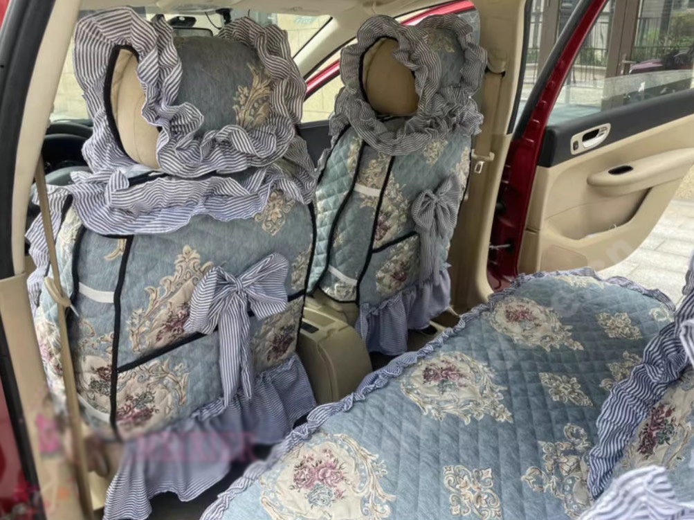 Luxury Jacquard Girly Bud Silk Seat Cushion Floral Safest Lace Countryside Custom Automobile Car Seat Cover Sets - Blue