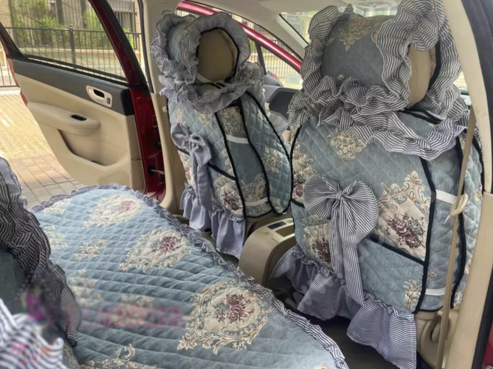 Luxury Jacquard Girly Bud Silk Seat Cushion Floral Safest Lace Countryside Custom Automobile Car Seat Cover Sets - Blue