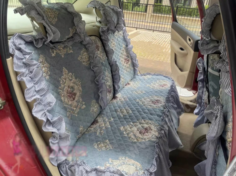 Luxury Jacquard Girly Bud Silk Seat Cushion Floral Safest Lace Countryside Custom Automobile Car Seat Cover Sets - Blue