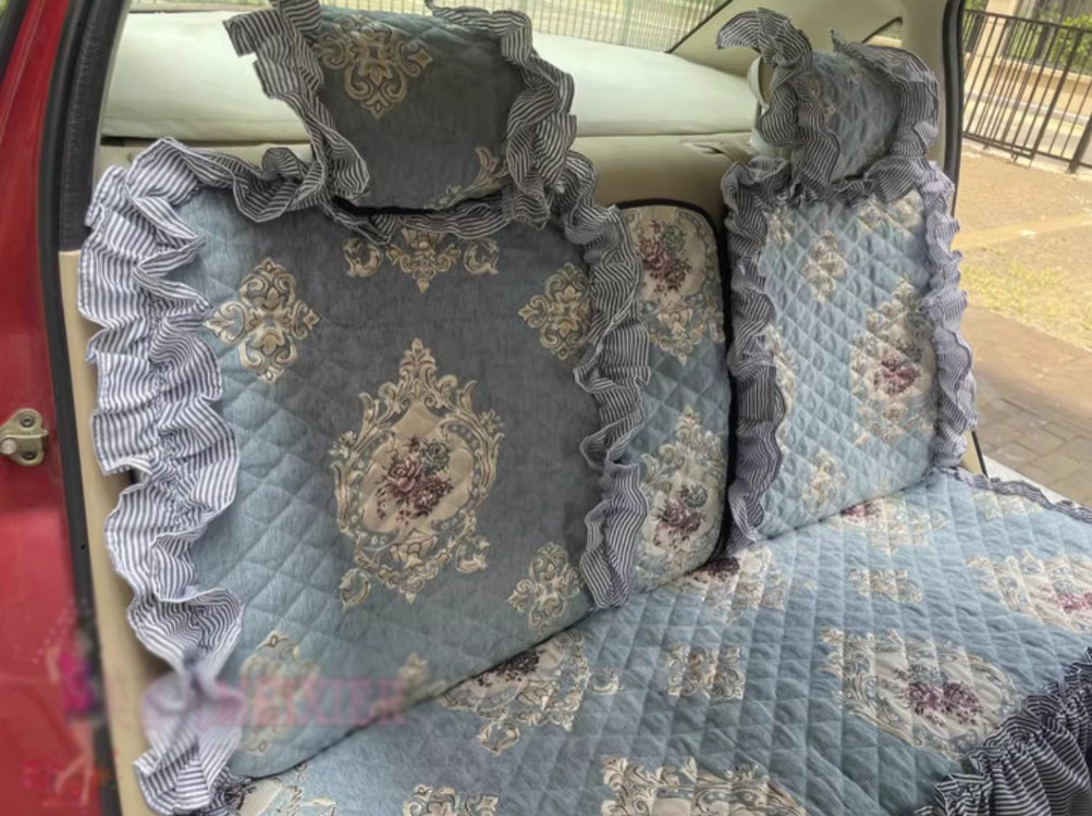 Luxury Jacquard Girly Bud Silk Seat Cushion Floral Safest Lace Countryside Custom Automobile Car Seat Cover Sets - Blue