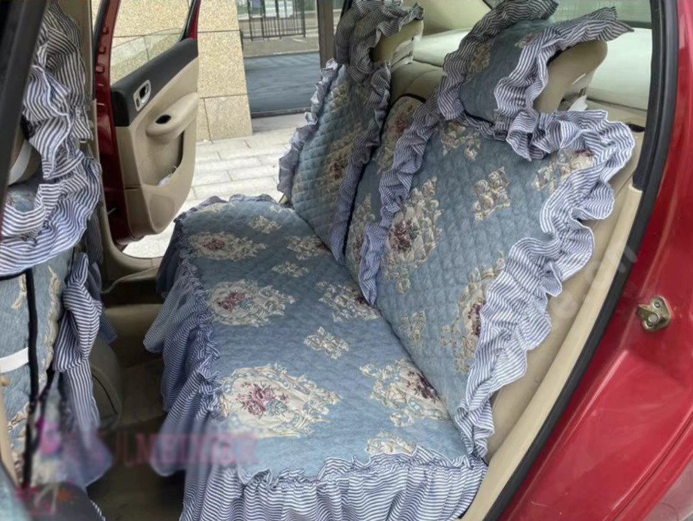 Luxury Jacquard Girly Bud Silk Seat Cushion Floral Safest Lace Countryside Custom Automobile Car Seat Cover Sets - Blue