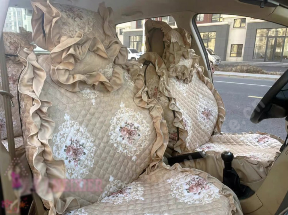 Luxury Jacquard Girly Bud Silk Seat Cushion Floral Safest Lace Countryside Custom Automobile Car Seat Cover Sets - Gold