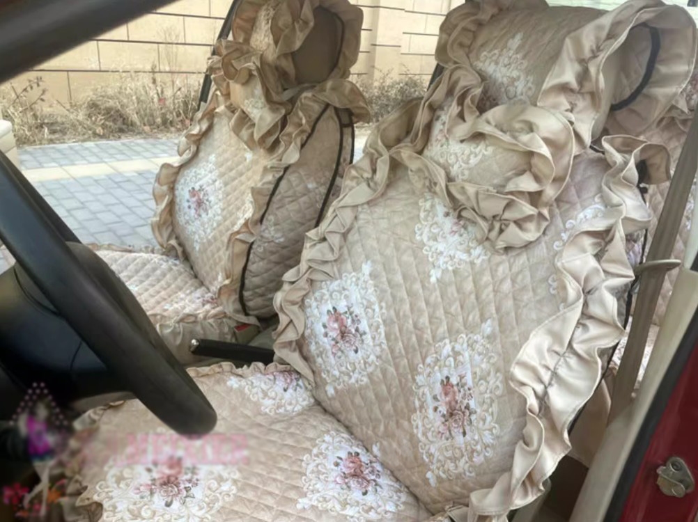 Luxury Jacquard Girly Bud Silk Seat Cushion Floral Safest Lace Countryside Custom Automobile Car Seat Cover Sets - Gold