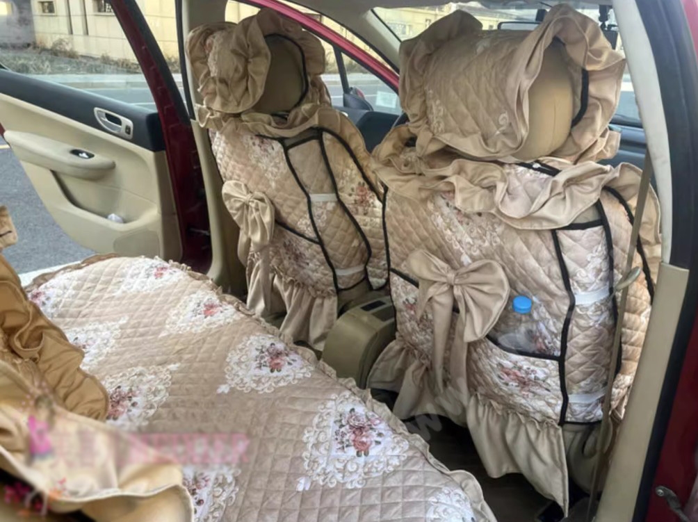 Luxury Jacquard Girly Bud Silk Seat Cushion Floral Safest Lace Countryside Custom Automobile Car Seat Cover Sets - Gold