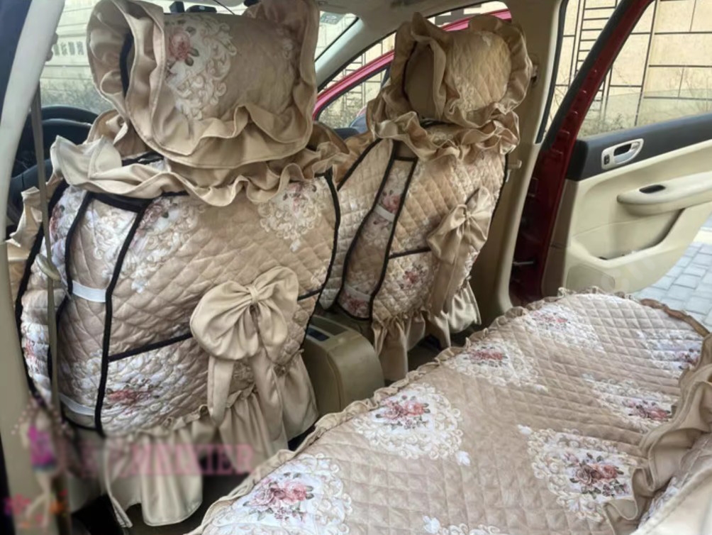 Luxury Jacquard Girly Bud Silk Seat Cushion Floral Safest Lace Countryside Custom Automobile Car Seat Cover Sets - Gold