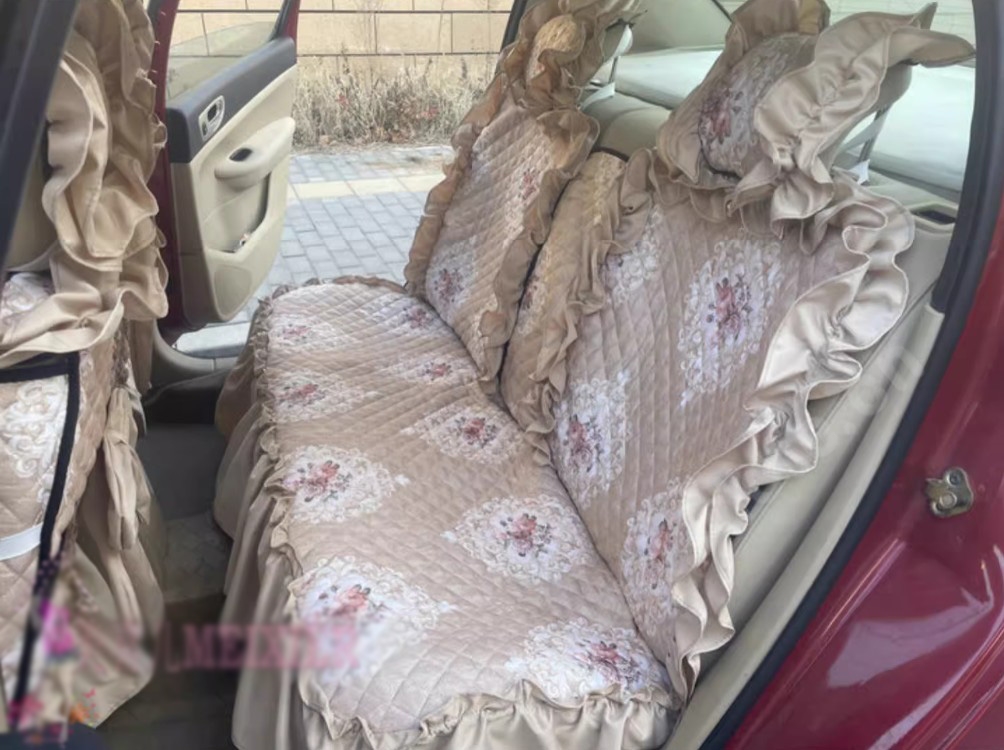 Luxury Jacquard Girly Bud Silk Seat Cushion Floral Safest Lace Countryside Custom Automobile Car Seat Cover Sets - Gold