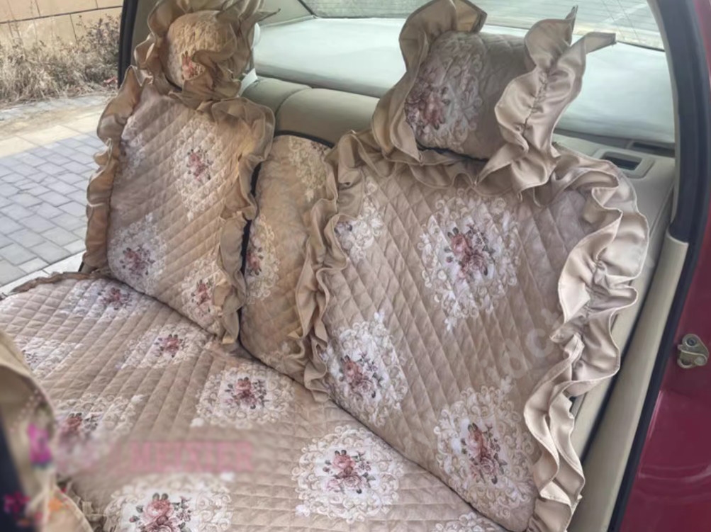 Luxury Jacquard Girly Bud Silk Seat Cushion Floral Safest Lace Countryside Custom Automobile Car Seat Cover Sets - Gold