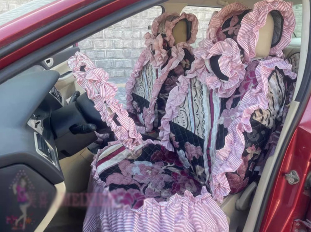 Luxury Jacquard Girly Bud Silk Seat Cushion Floral Safest Lace Countryside Custom Automobile Car Seat Cover Sets - Pink Black