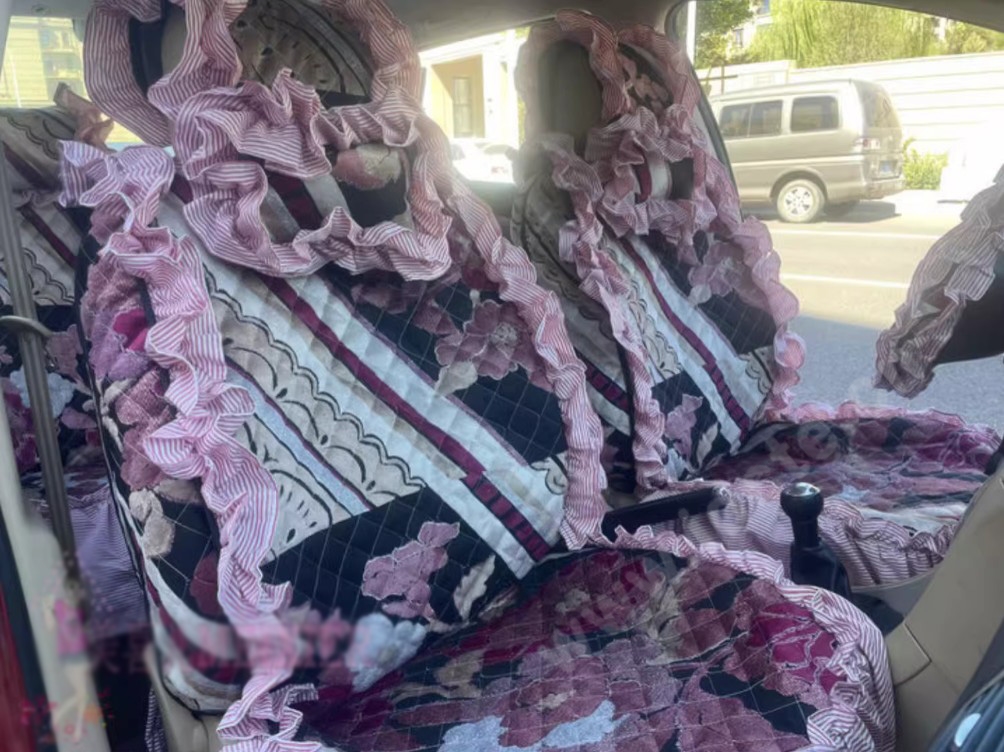 Luxury Jacquard Girly Bud Silk Seat Cushion Floral Safest Lace Countryside Custom Automobile Car Seat Cover Sets - Pink Black