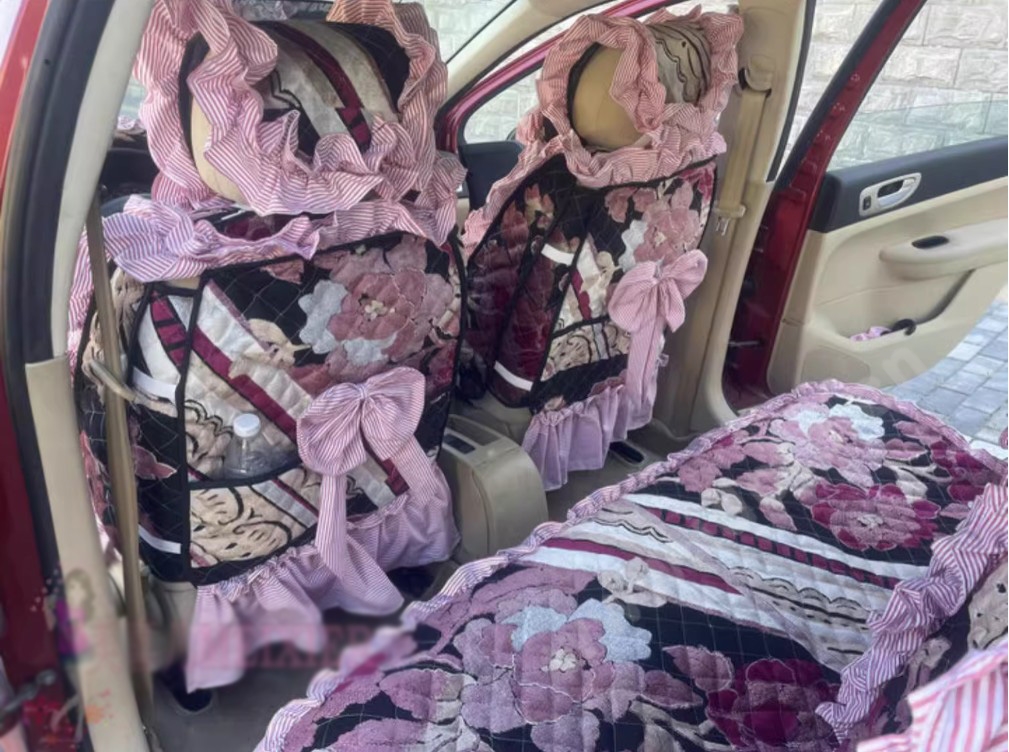 Luxury Jacquard Girly Bud Silk Seat Cushion Floral Safest Lace Countryside Custom Automobile Car Seat Cover Sets - Pink Black