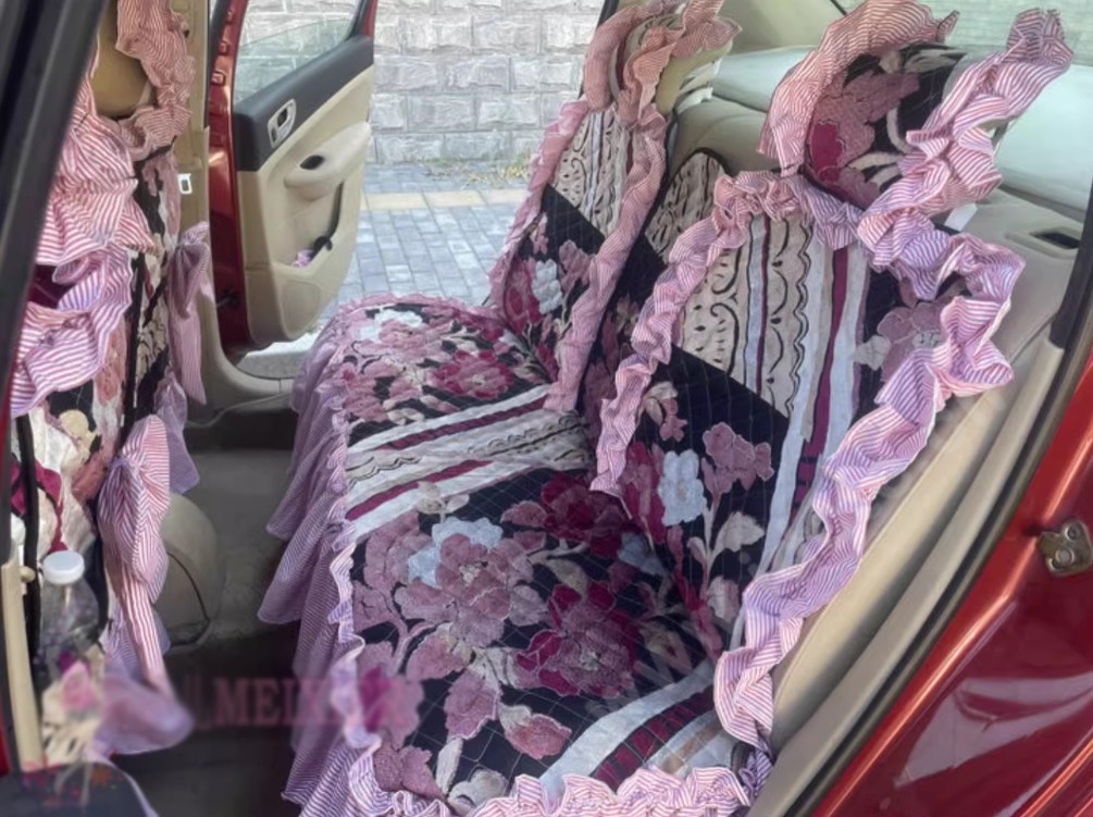 Luxury Jacquard Girly Bud Silk Seat Cushion Floral Safest Lace Countryside Custom Automobile Car Seat Cover Sets - Pink Black