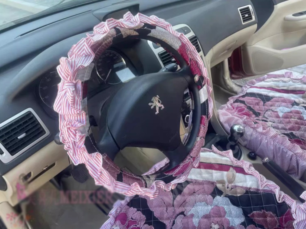 Luxury Jacquard Girly Bud Silk Seat Cushion Floral Safest Lace Countryside Custom Automobile Car Seat Cover Sets - Pink Black