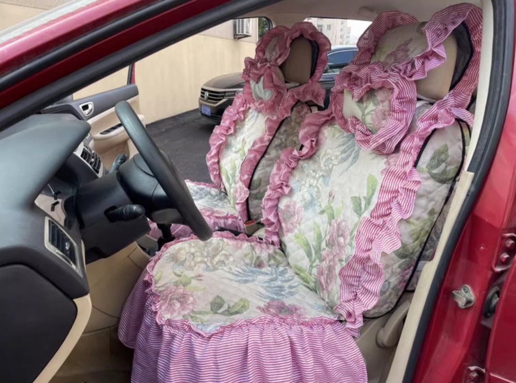 Luxury Jacquard Girly Bud Silk Seat Cushion Floral Safest Lace Countryside Custom Automobile Car Seat Cover Sets - Pink Green